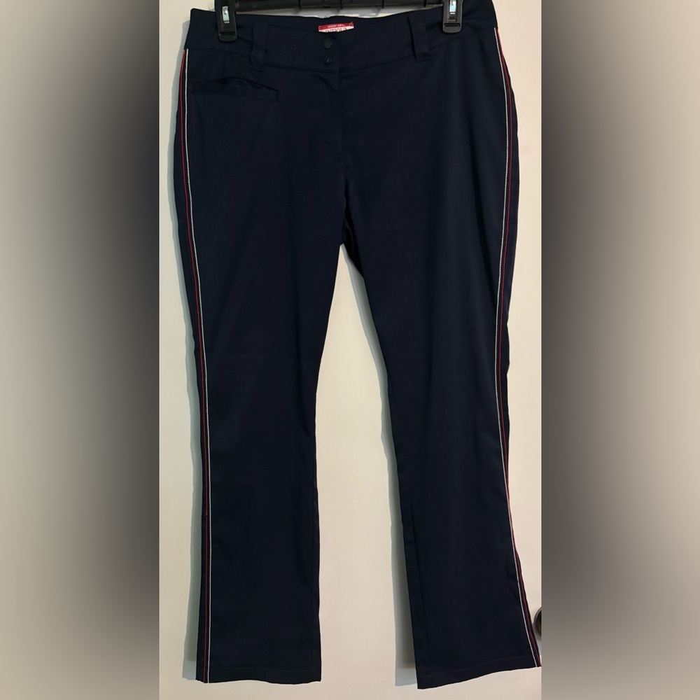 Antigua Apparel Womens Desert Dry‎ Blue Pant Red White Stripe Snap Closure Sz 10